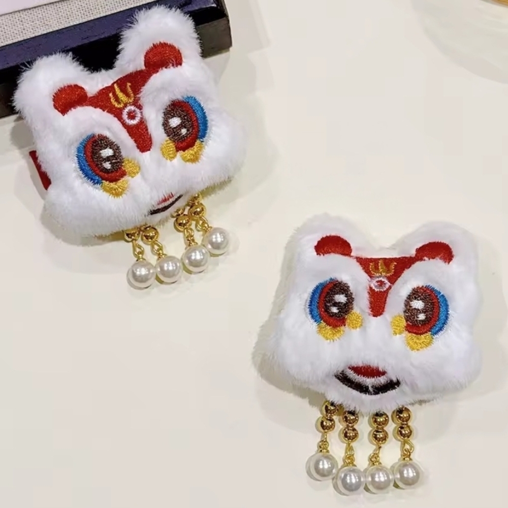 2 White Furry Lion Head Hair Clips with Pearls